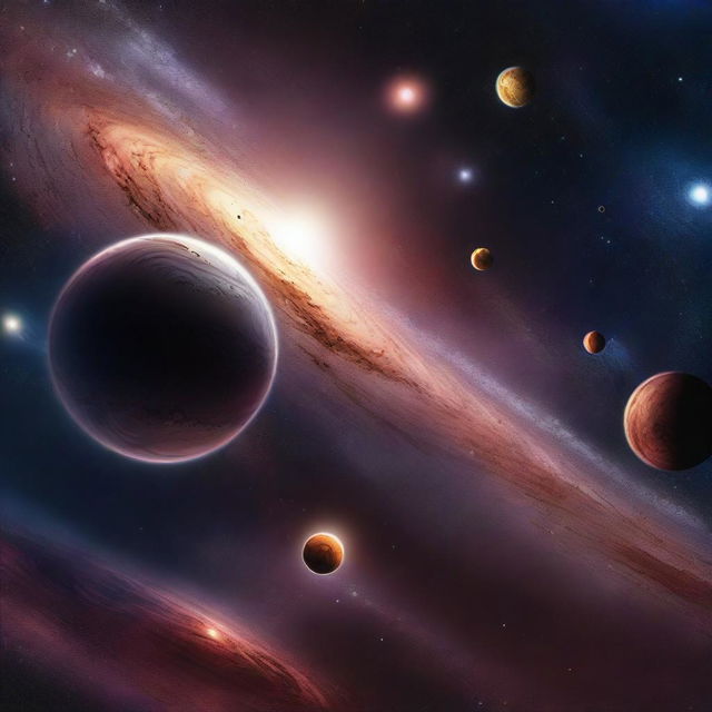 A vast galaxy filled with numerous planets of different sizes and shapes, all set against a backdrop of darker, more subdued colors