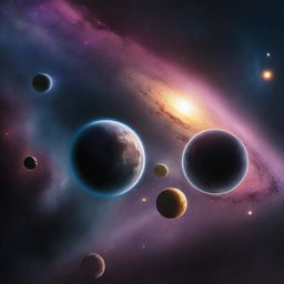 A vast galaxy filled with numerous planets of different sizes and shapes, all set against a backdrop of darker, more subdued colors