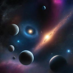 A vast galaxy filled with numerous planets of different sizes and shapes, all set against a backdrop of darker, more subdued colors