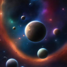 A vast galaxy filled with numerous planets of different sizes and shapes, all set against a backdrop of darker, more subdued colors