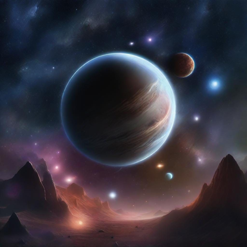 A vast galaxy filled with numerous planets of different sizes and shapes, all set against a backdrop of darker, more subdued colors