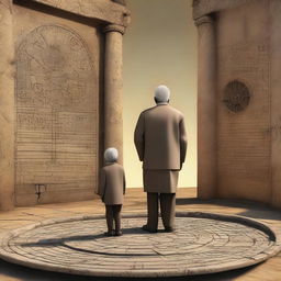 In a forgotten, ancient setting, a child and an elderly person stand together, symbolizing the cycle of life from birth to death