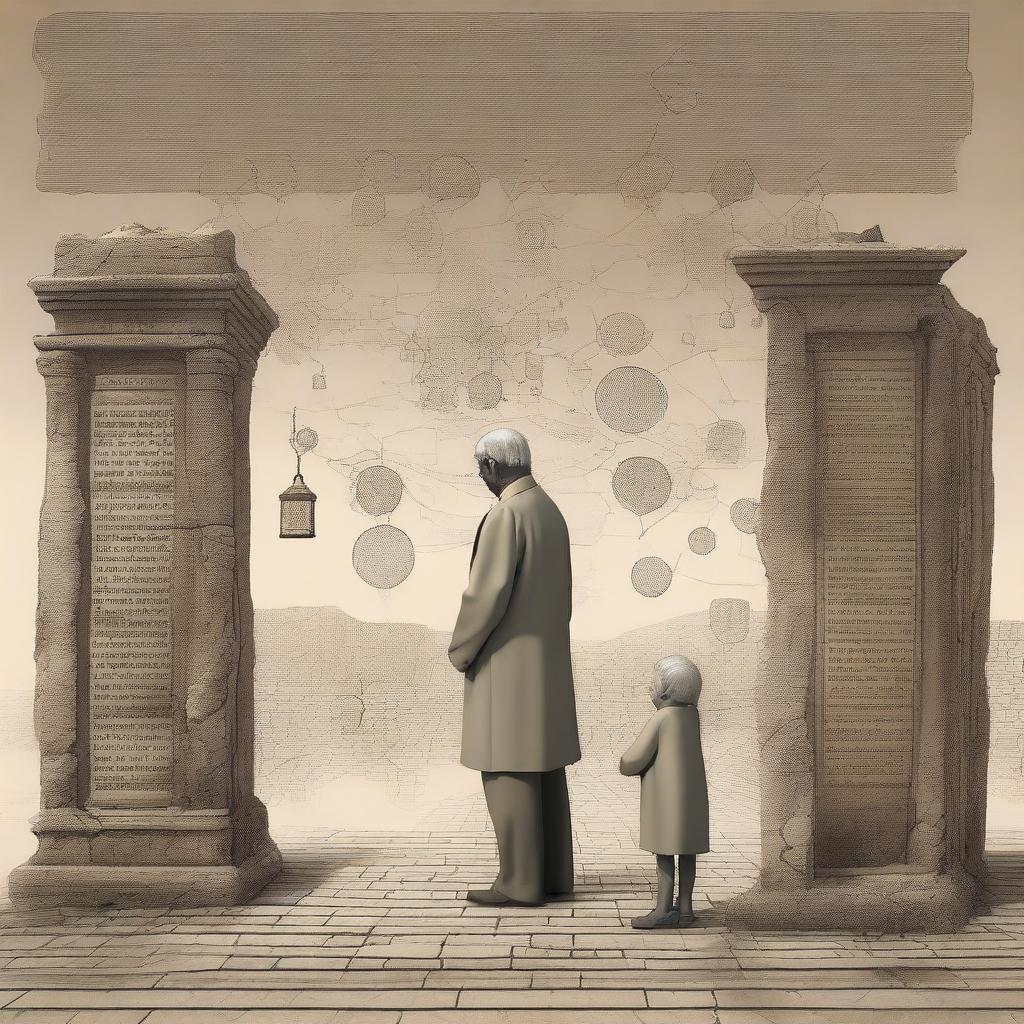 In a forgotten, ancient setting, a child and an elderly person stand together, symbolizing the cycle of life from birth to death