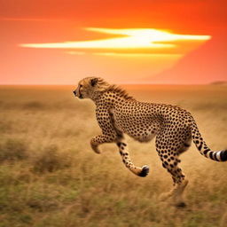 A thrilling image of a cheetah running across an African savannah with a sunset in the background.