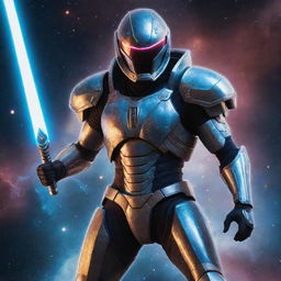 An intergalactic warrior donned in gleaming futuristic armor, wielding a radiant energy sword against the backdrop of distant stars, nebulae, and alien planets.