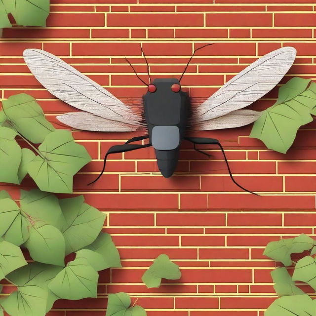 Create a movie poster featuring a giant killer mosquito breaking through a brick wall with ivy on it