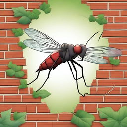 Create a movie poster featuring a giant killer mosquito breaking through a brick wall with ivy on it