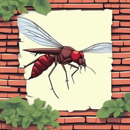 Create a movie poster featuring a giant killer mosquito breaking through a brick wall with ivy on it