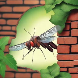 Create a movie poster featuring a giant killer mosquito breaking through a brick wall with ivy on it