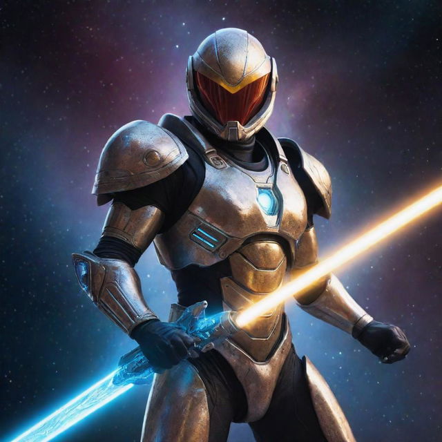 An intergalactic warrior donned in gleaming futuristic armor, wielding a radiant energy sword against the backdrop of distant stars, nebulae, and alien planets.