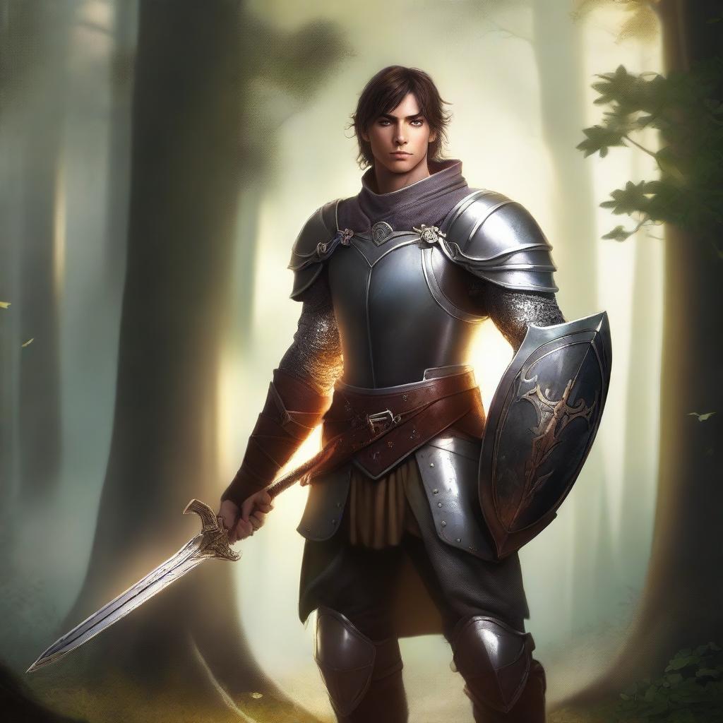 A young male half-elf paladin standing tall in his shining armor