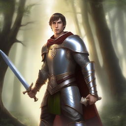 A young male half-elf paladin standing tall in his shining armor