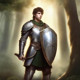 A young male half-elf paladin standing tall in his shining armor