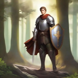 A young male half-elf paladin standing tall in his shining armor