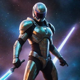 An intergalactic warrior donned in gleaming futuristic armor, wielding a radiant energy sword against the backdrop of distant stars, nebulae, and alien planets.