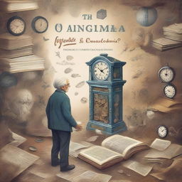 A captivating and complex book cover design featuring an intriguing and mysterious scene with the title 'O Enigma do Tempo Esquecido'