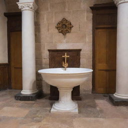 A detailed view of a traditional baptismal font inside a grand, historical church