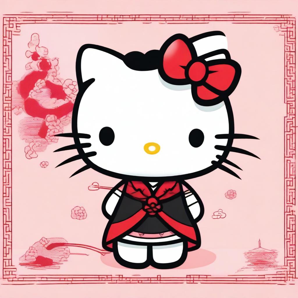 Create an image of Hello Kitty with short black hair styled in a traditional Chinese fashion