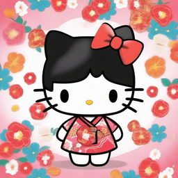 Create an image of Hello Kitty with short black hair styled in a traditional Chinese fashion
