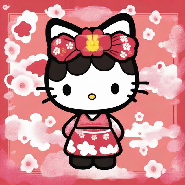 Create an image of Hello Kitty with short black hair styled in a traditional Chinese fashion