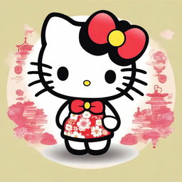 Create an image of Hello Kitty with short black hair styled in a traditional Chinese fashion