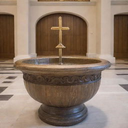 A detailed view of a traditional baptismal font inside a grand, historical church