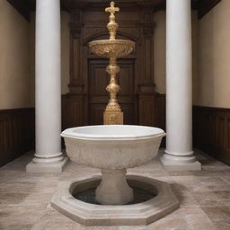 A detailed view of a traditional baptismal font inside a grand, historical church