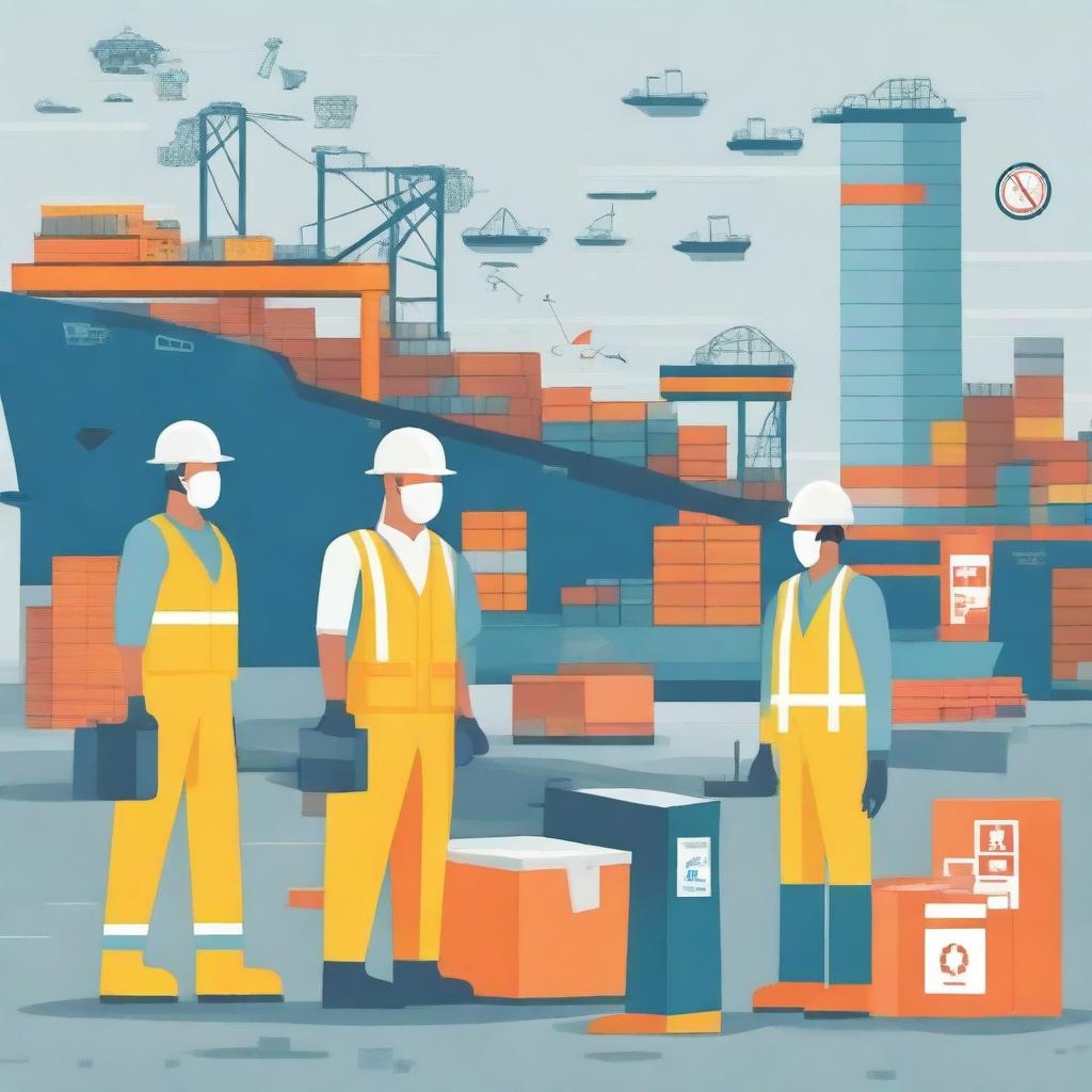 A detailed illustration showcasing occupational safety and health measures at a busy port