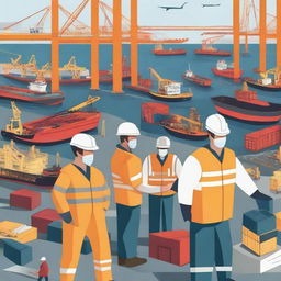 A detailed illustration showcasing occupational safety and health measures at a busy port