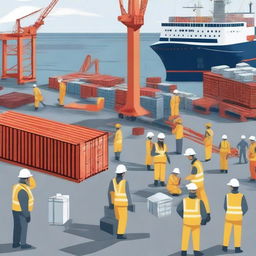 A detailed illustration showcasing occupational safety and health measures at a busy port