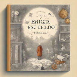 A captivating and intricate book cover design featuring an intriguing and mysterious scene with the title 'O Enigma do Tempo Esquecido'