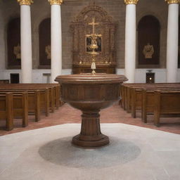 A detailed view of a traditional baptismal font inside a grand, historical church