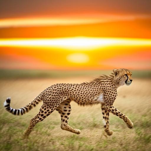 A thrilling image of a cheetah running across an African savannah with a sunset in the background.