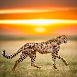 A thrilling image of a cheetah running across an African savannah with a sunset in the background.