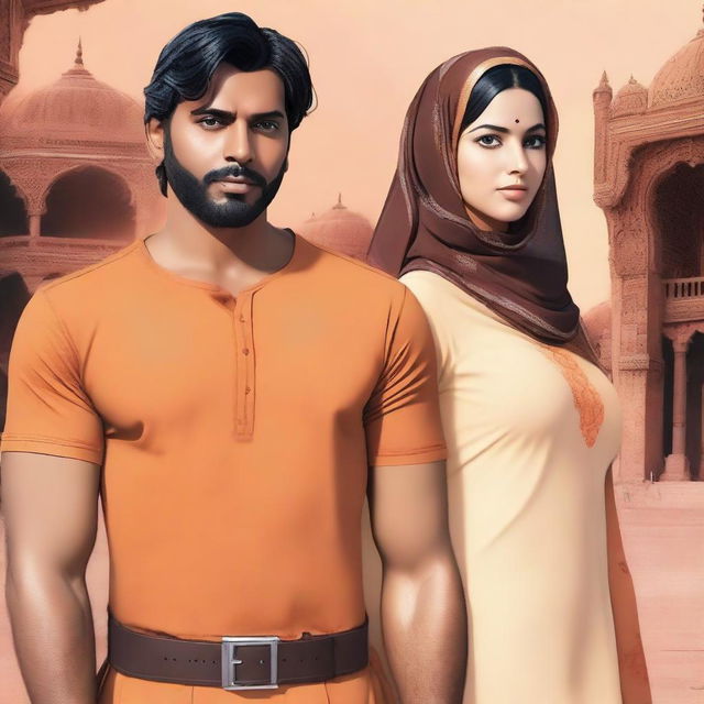 A Pakistani girl with a half hijab, emphasizing her big breasts and glutes, standing next to a dark brown Indian man wearing an orange shirt