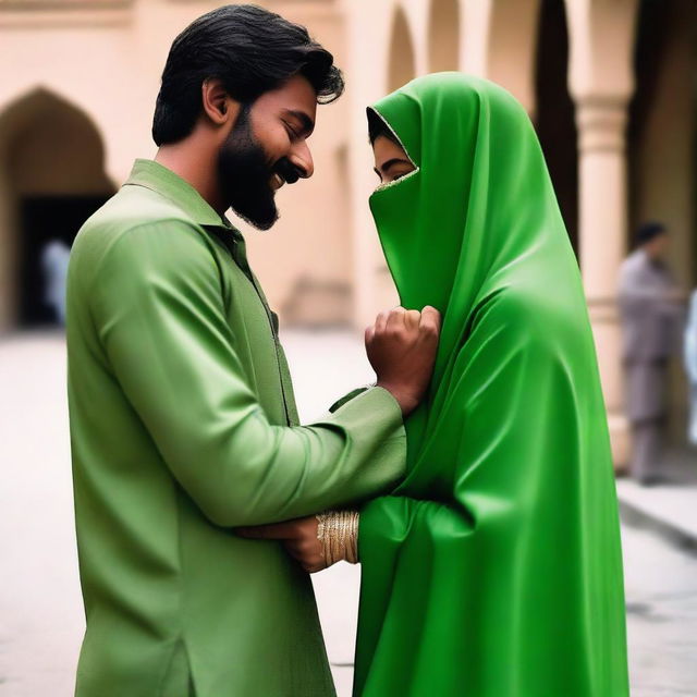 An Indian brown guy grabbing the tight ass of a Pakistani girl wearing a green burqa