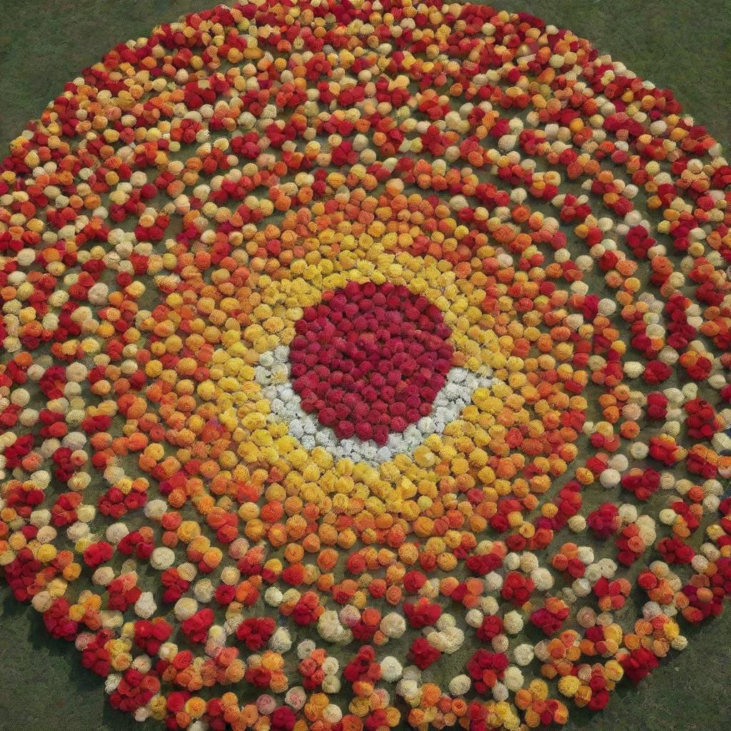 A vivid representation of the Indian flag made entirely out of multicolored roses.