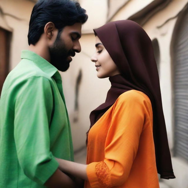 An Indian brown guy wearing an orange shirt is smooching the tight ass of a Pakistani girl wearing a green burqa