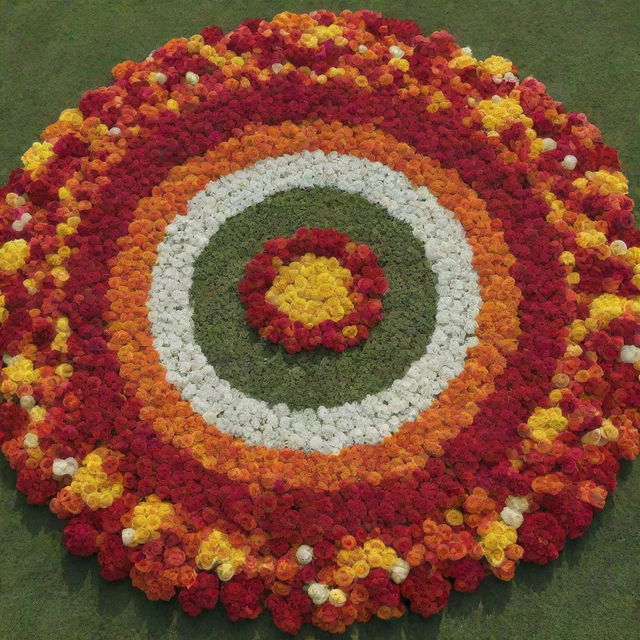 A vivid representation of the Indian flag made entirely out of multicolored roses.