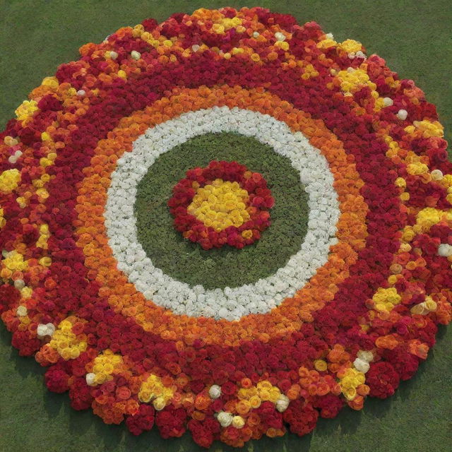 A vivid representation of the Indian flag made entirely out of multicolored roses.