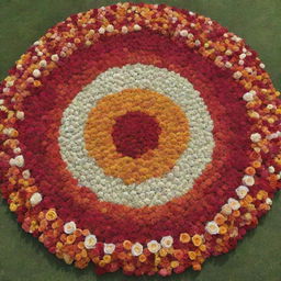 A vivid representation of the Indian flag made entirely out of multicolored roses.