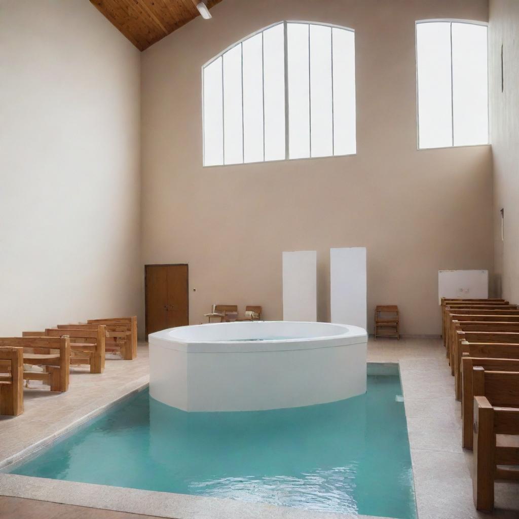 An evangelical baptismal tank inside a modern church, filled with water, and set up for a baptism ceremony