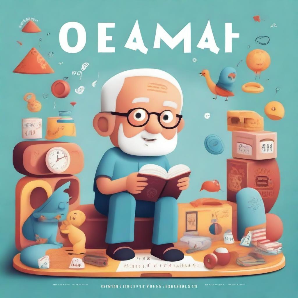 A captivating adult book cover titled 'O Enigma do Tempo Esquecido' featuring a child and an old man surrounded by playful toys, a cellphone, hieroglyphs, and a vortex