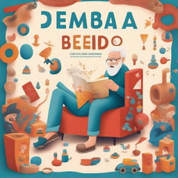 A captivating adult book cover titled 'O Enigma do Tempo Esquecido' featuring a child and an old man surrounded by playful toys, a cellphone, hieroglyphs, and a vortex