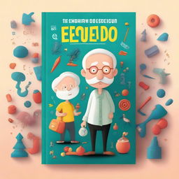 A captivating adult book cover titled 'O Enigma do Tempo Esquecido' featuring a child and an old man surrounded by playful toys, a cellphone, hieroglyphs, and a vortex