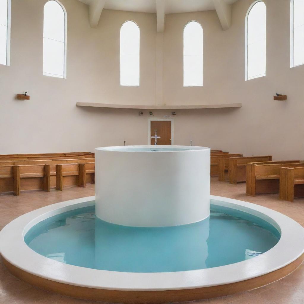 An evangelical baptismal tank inside a modern church, filled with water, and set up for a baptism ceremony