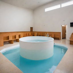 An evangelical baptismal tank inside a modern church, filled with water, and set up for a baptism ceremony