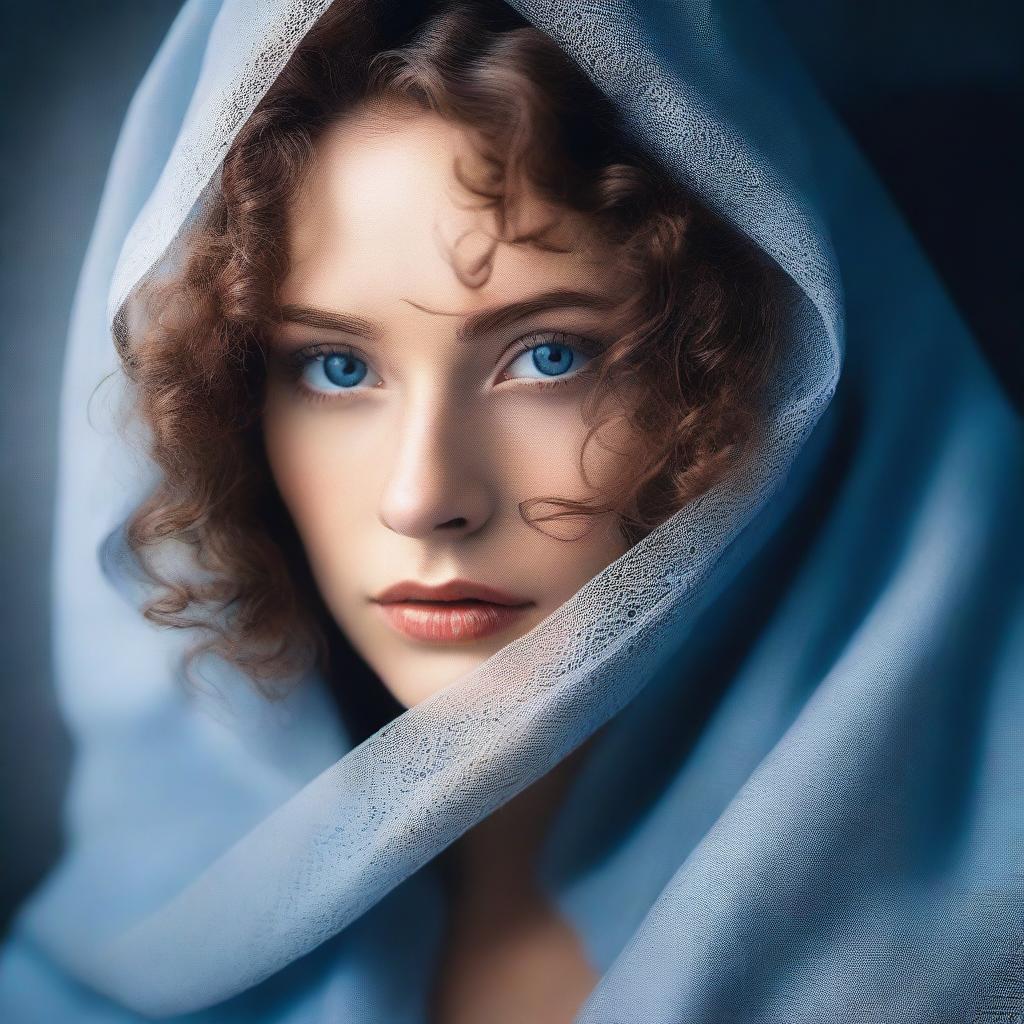 Create a book cover featuring a woman with curly brown hair and blue eyes