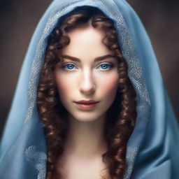 Create a book cover featuring a woman with curly brown hair and blue eyes