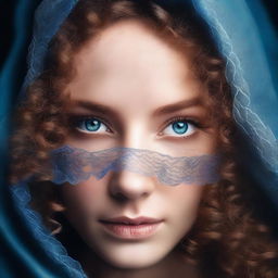 Create a book cover featuring a woman with curly brown hair and blue eyes